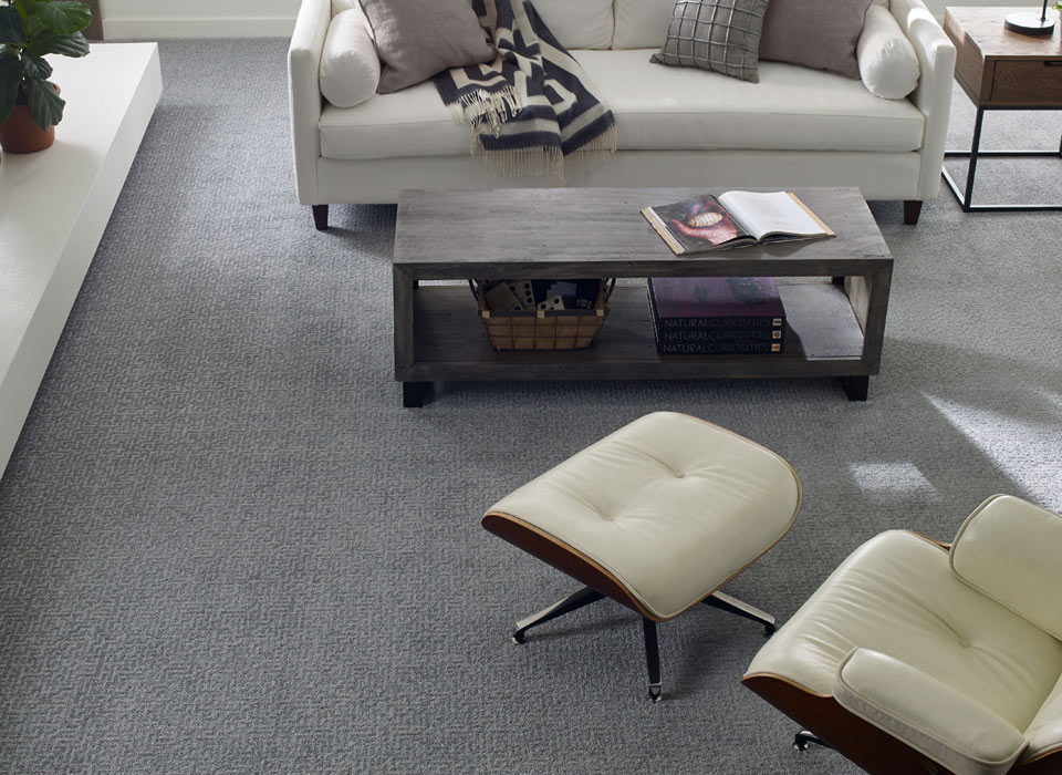 Modern living room with premium grey carpet flooring installed by Flatout Flooring in London, Ontario