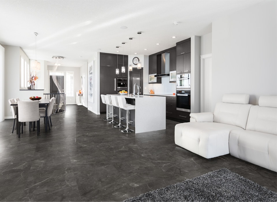 Modern open-concept kitchen and living area featuring dark tile flooring in London, Ontario home.