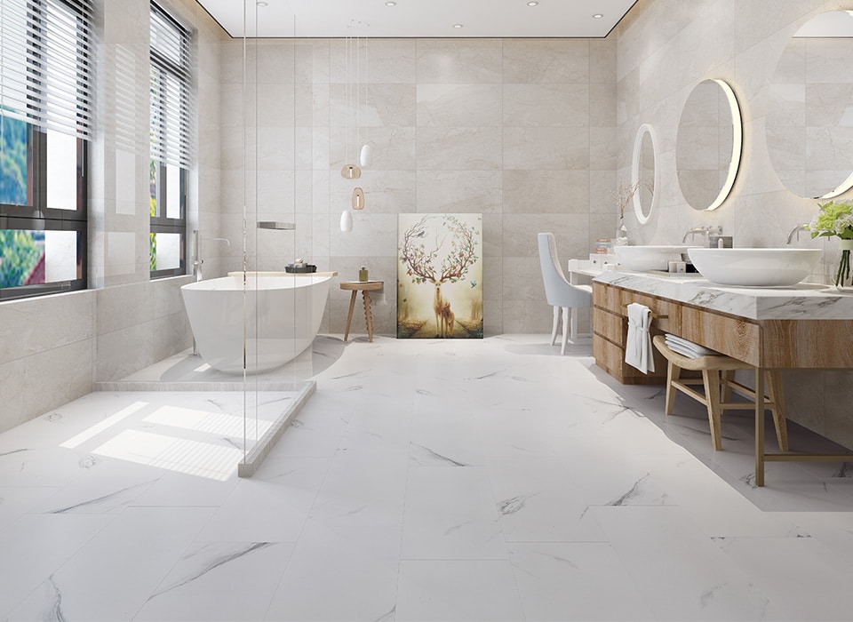 Bathroom design with marble-look luxury vinyl tile flooring in London, Ontario.