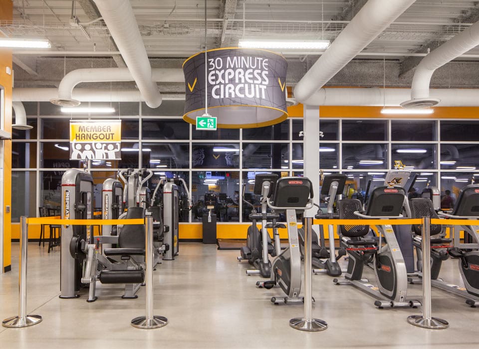 Cardio equipment with rubberized gym flooring in sports and fitness centre in London Ontario