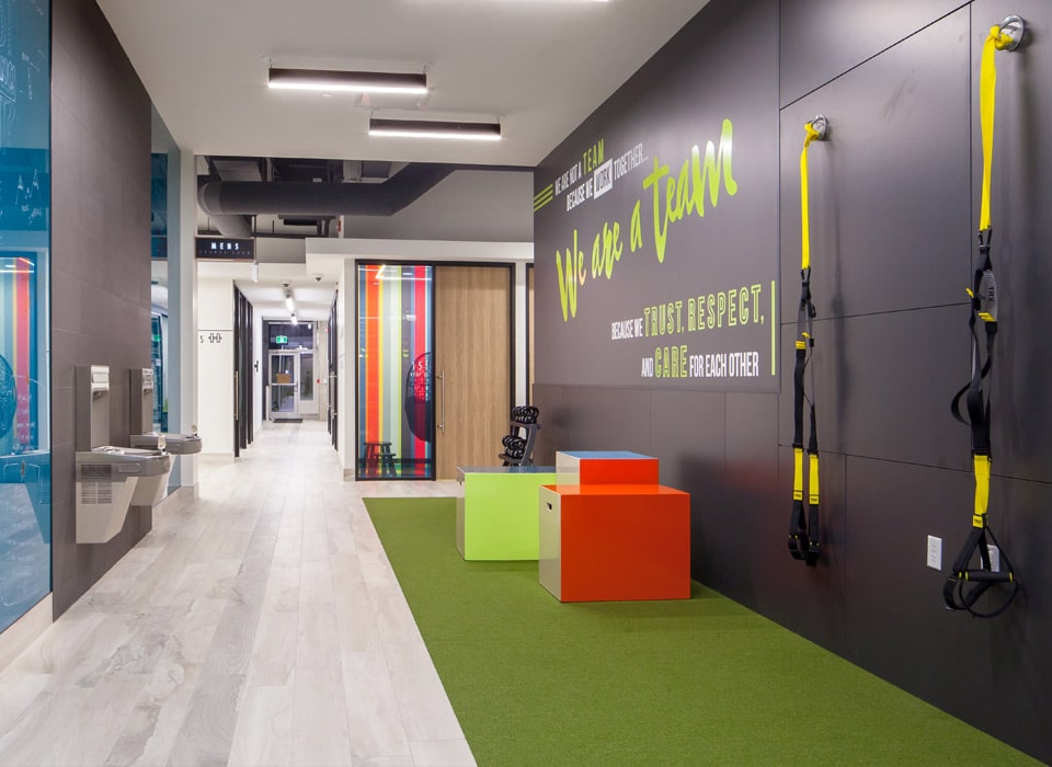 Artificial green turf flooring in fitness room with wall-mounted TRX setup in London, Ontario