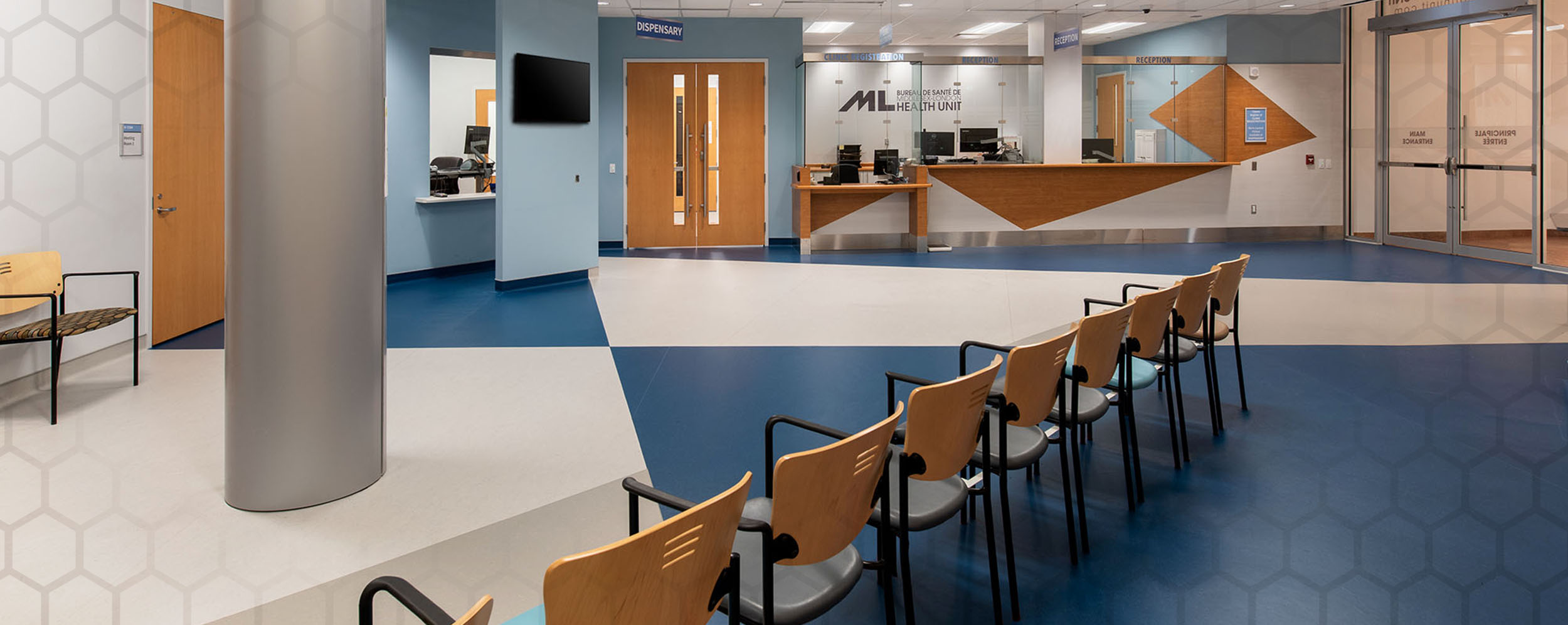 Middlesex London Health Unit, showing open floor plan for Reception area with chairs for patients to wait in.