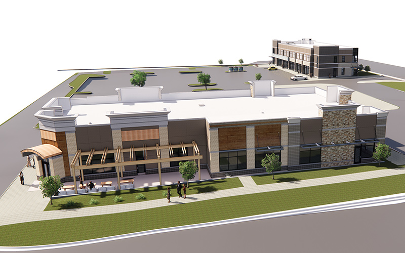 Exterior rendering view of Wellington Commons View is looking down on the building so you see the white flat roof top and the parking lots around it. Grass along the edge of the road.