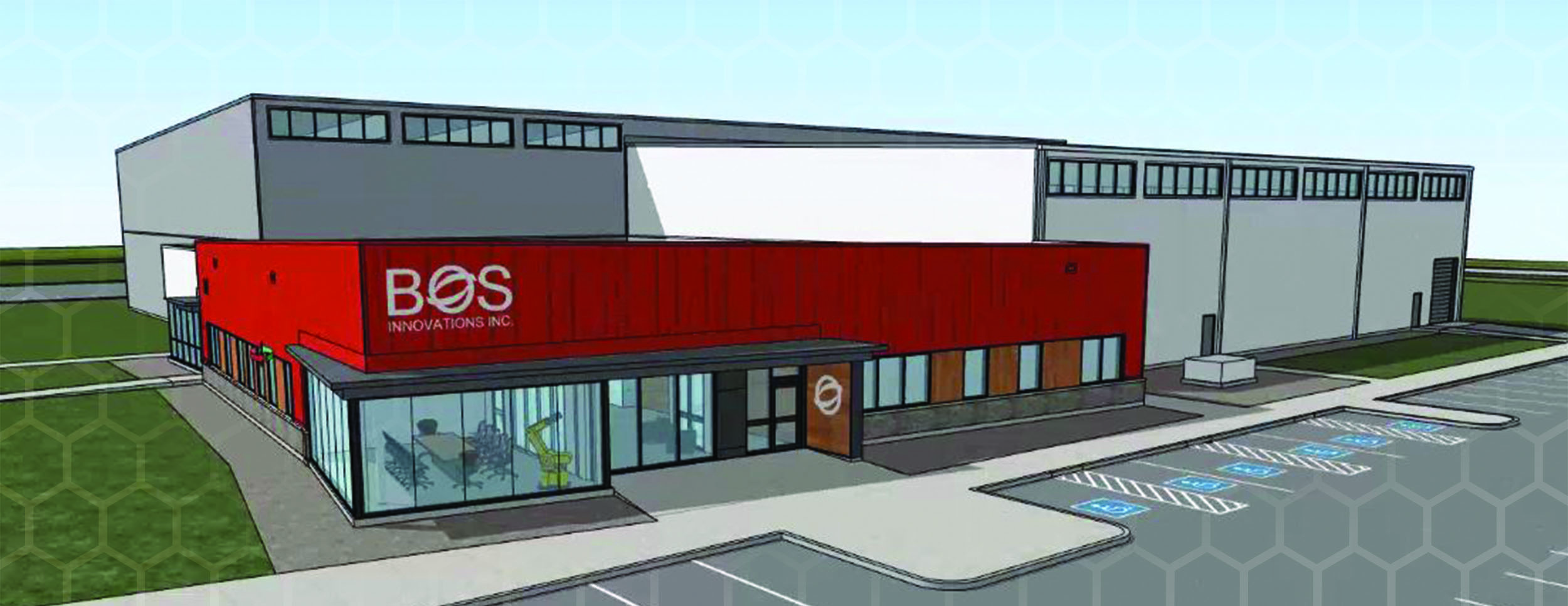 Exterior Rendering of the new BOS Innovation Large Industrial Facility. Front of Building is one storey with floor to ceiling glass and a red facade around the top roof line of the building. You can see the rest of the plant in the background which is 2 stories high.