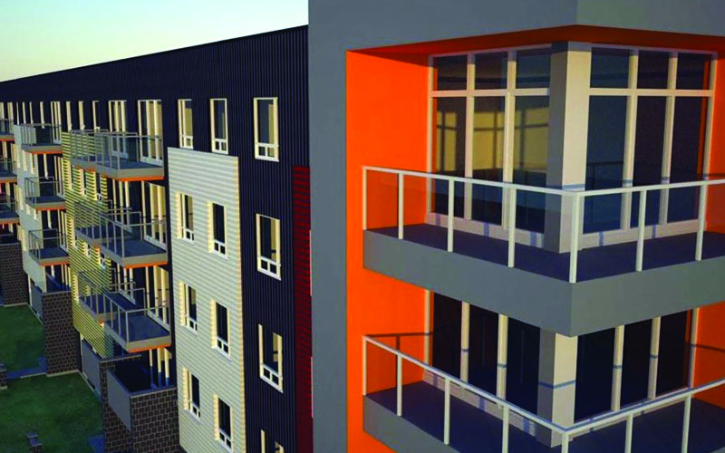 Rendering of the Corner of the 5 Story Residential Building showing the balconies for each unit. Balconies have glass panels as railings and floor to ceiling Windows for the units