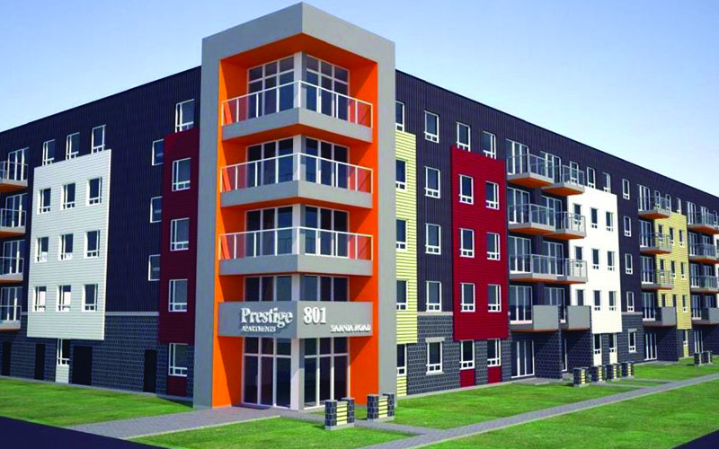 Rendering of the corner of the building showing all floors and part of the sides of the building.