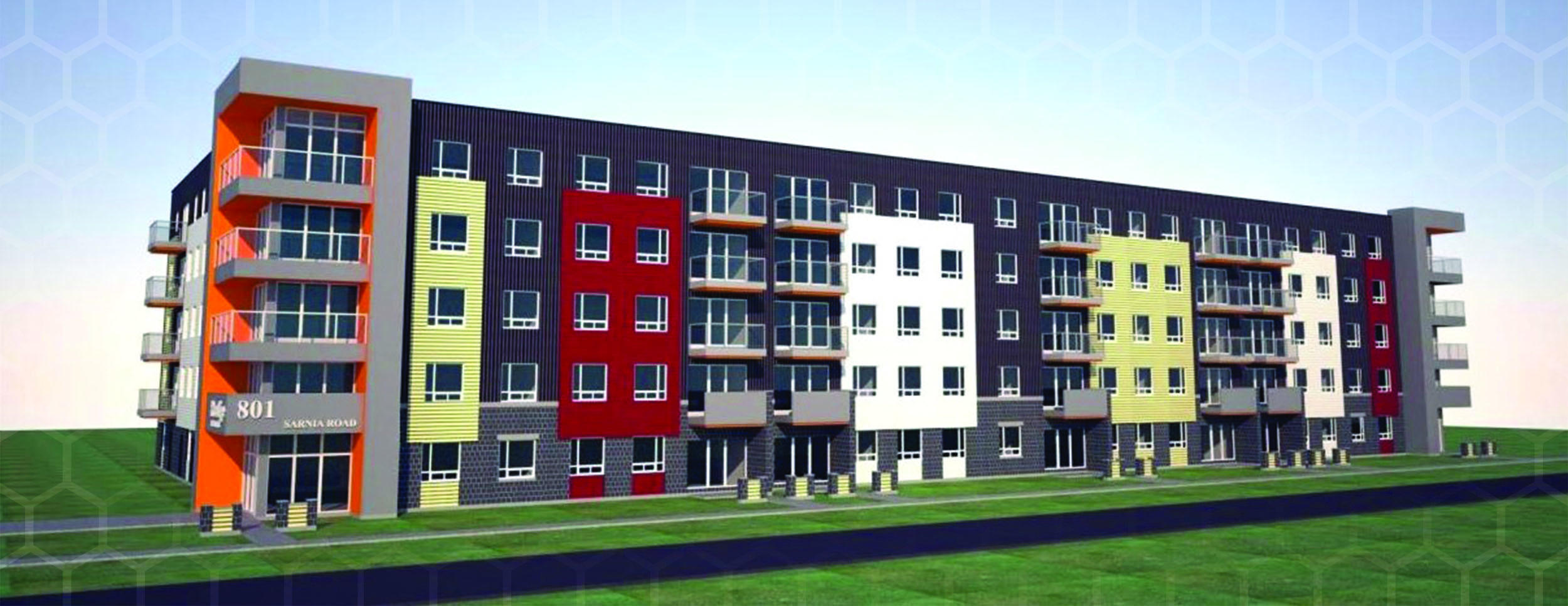 Exterior Rendering of a 5 Storey, 72 unit Apartment Building with balconies off the corner for each floor corner apartment and gray overall color, that has segments of red, white, and yellow