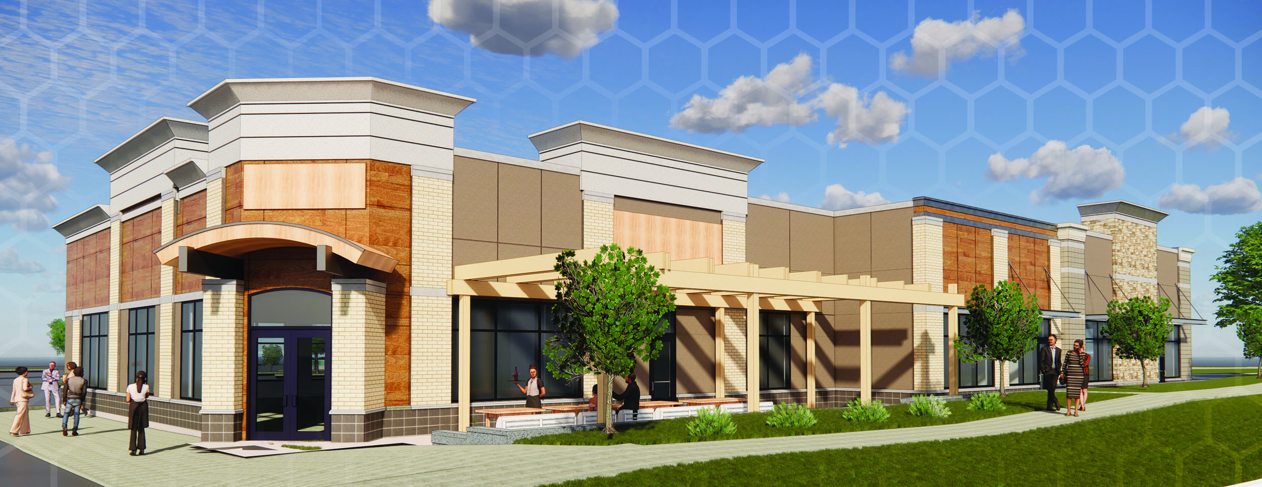 Exterior photo of Wellington Common, Beige cladding for side, Corner of building is beveled at 45 degrees for door to be placed with rounded awning, sitting area to the right of building covered with pergola