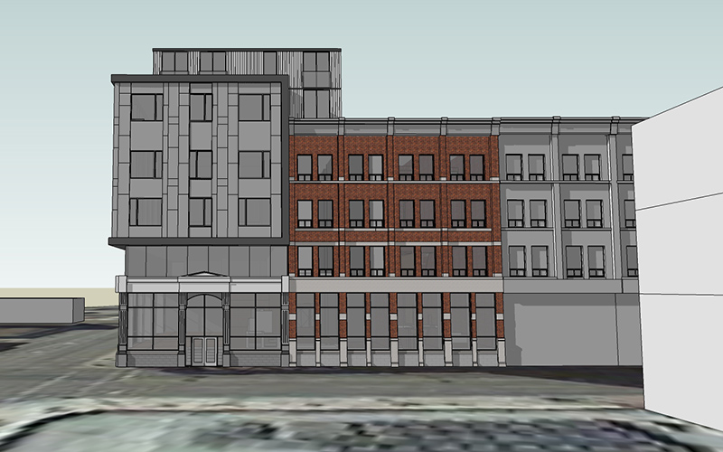 Exterior Rendering of a Heritage Building for Youth Opportunities Unlimitd. It is a multistorey building with grey and red stone exterior.