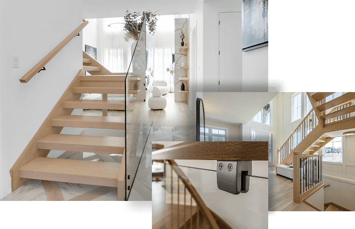 Modern wooden staircase with black metal spindles in custom home