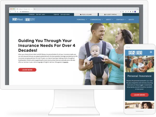 Example of a client website in desktop and mobile for Ontario West Bill Blaney Insurance