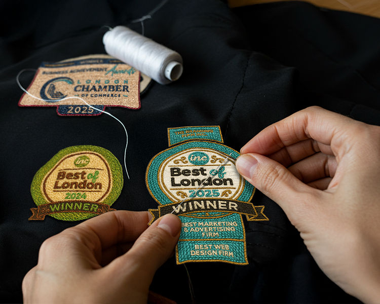 Hands sewing "Best of London" award patches onto fabric. A spool of white thread lies nearby. The scene conveys craftsmanship and achievement.