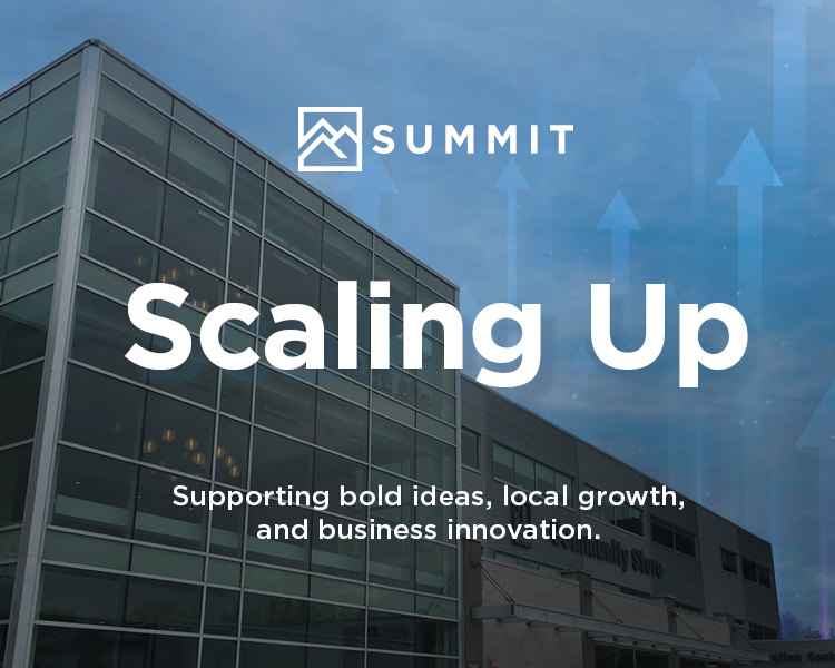 Modern glass building with "Summit" and "Scaling Up" text overlay, highlighting business growth and innovation. Background features upward arrows.