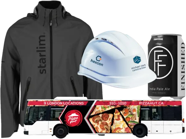 Collage of client-branded gear, beer can, and vinyl wrap on a city bus